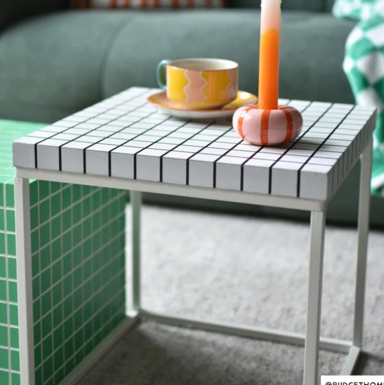 Bijzettafel checks met metalen frame - wit - 36x36x36 cm