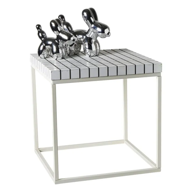 Bijzettafel checks met metalen frame - wit - 36x36x36 cm