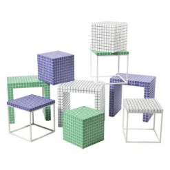 Bijzettafel kubus checks - wit - 30x30x30 cm