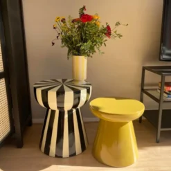 Bijzettafel stripes - beige/zwart - ø40x45 cm