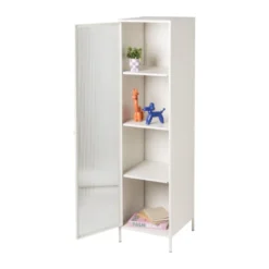 Hoge kast Luca met geribbeld glazen deurtje - offwhite - 160x42x40 cm