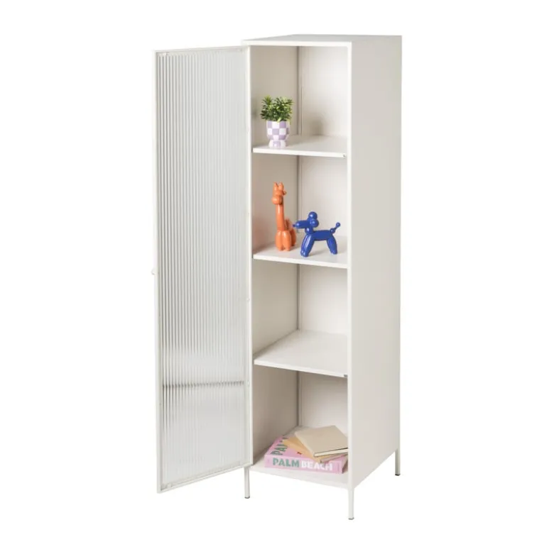 Hoge kast Luca met geribbeld glazen deurtje - offwhite - 160x42x40 cm