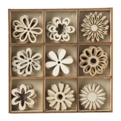 Houten bloemen in kistje - 10.5x10.5x2 cm