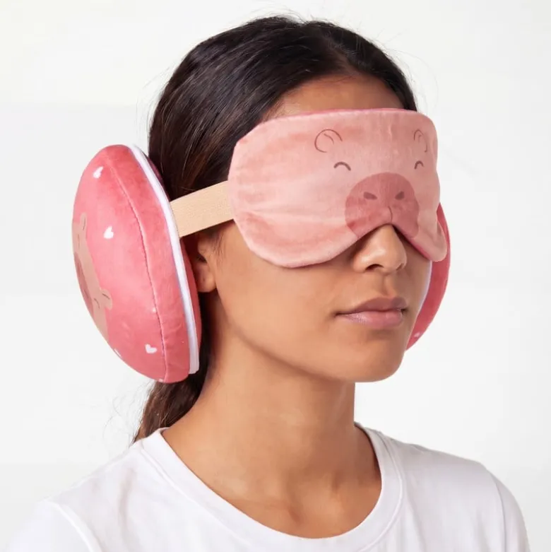2-in-1 reiskussen capibara met oogmasker - roze/rood