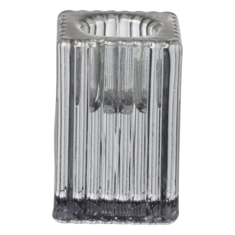 Kandelaar rib glas - grijs - 4x4x6 cm