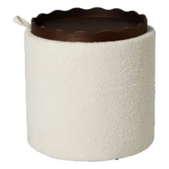 Opbergpoef bouclé met dienblad - beige/bruin - ø37.5x39 cm