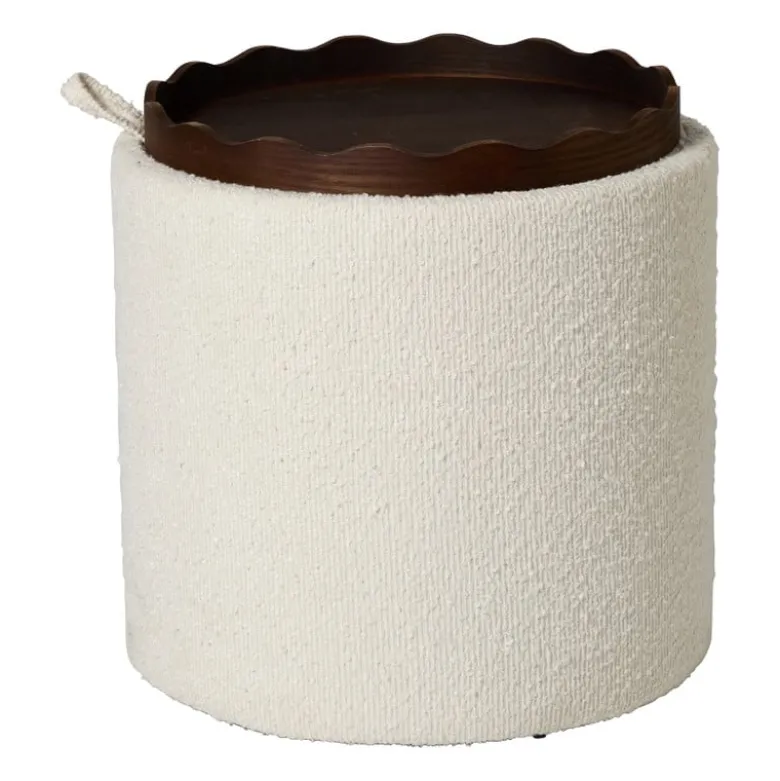 Opbergpoef bouclé met dienblad - beige/bruin - ø37.5x39 cm