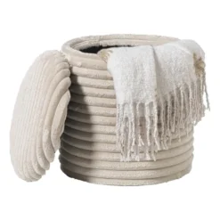 Opbergpoef ribstof - beige - ø35x38 cm