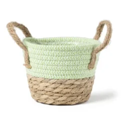 Rieten mand met hengsel - groen - ø15x16.5 cm