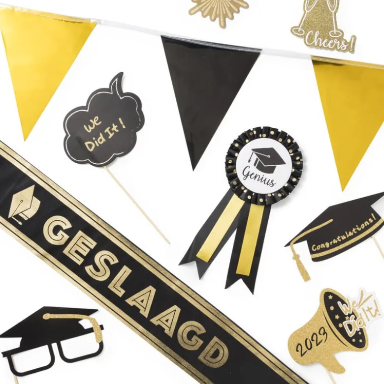 Rozet geslaagd - goud/zwart - 24 cm