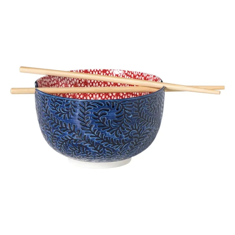 Schaaltje met eetstokjes Amber - blauw/rood - ø15x9 cm