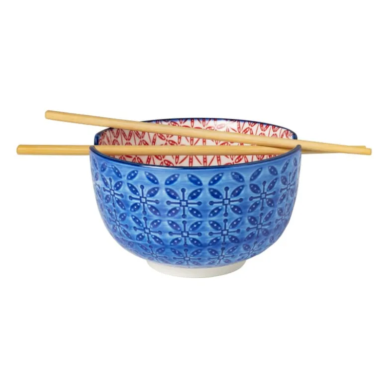 Schaaltje met eetstokjes - blauw/rood - ø14.7x9 cm
