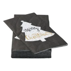 Servet merry christmas vouw - zwart - 33x33 cm
