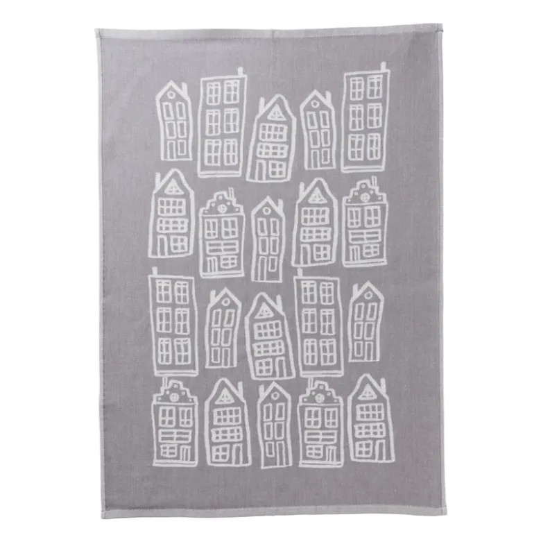 Theedoek antraciet huisjes - antraciet/wit - 50x70 cm