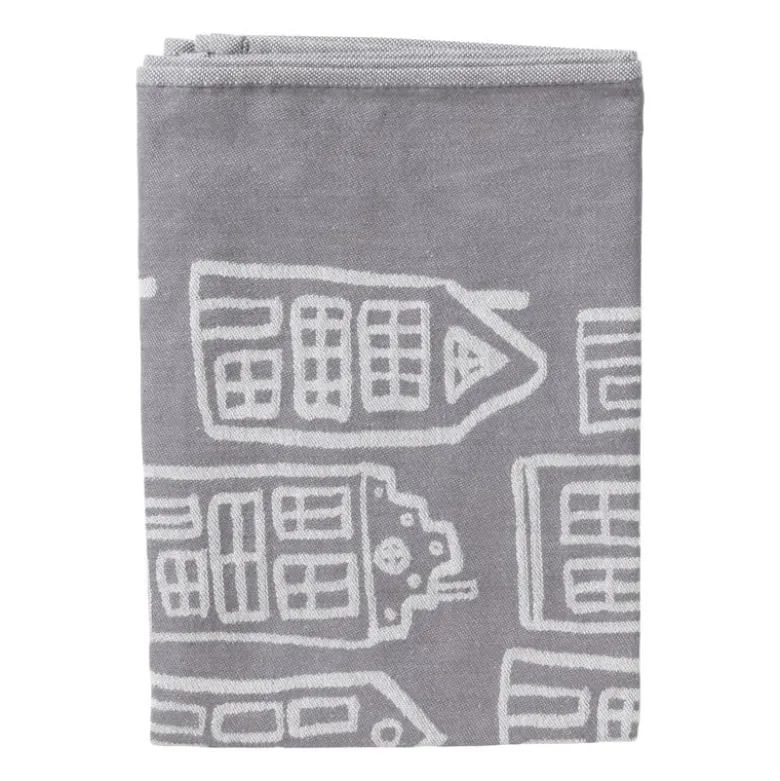 Theedoek antraciet huisjes - antraciet/wit - 50x70 cm