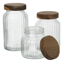 Voorraadpot ribbel met acacia deksel - ø11x20 cm