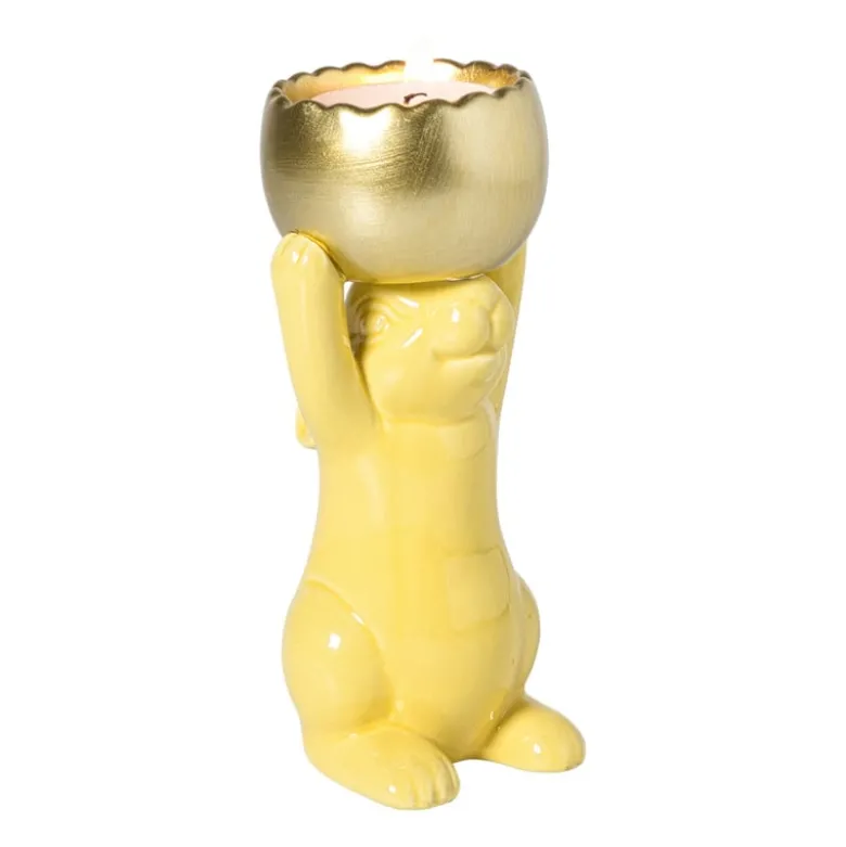 Waxinelichthouder haas - geel/goudkleurig - 8.5x13x6.5 cm
