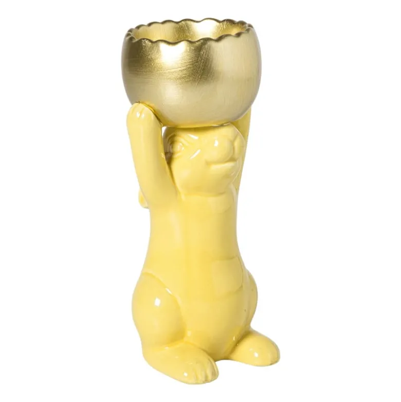 Waxinelichthouder haas - geel/goudkleurig - 8.5x13x6.5 cm