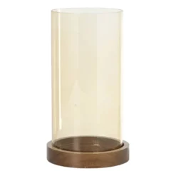 Windlicht glas en hout groot - beige/bruin - ø12x25 cm