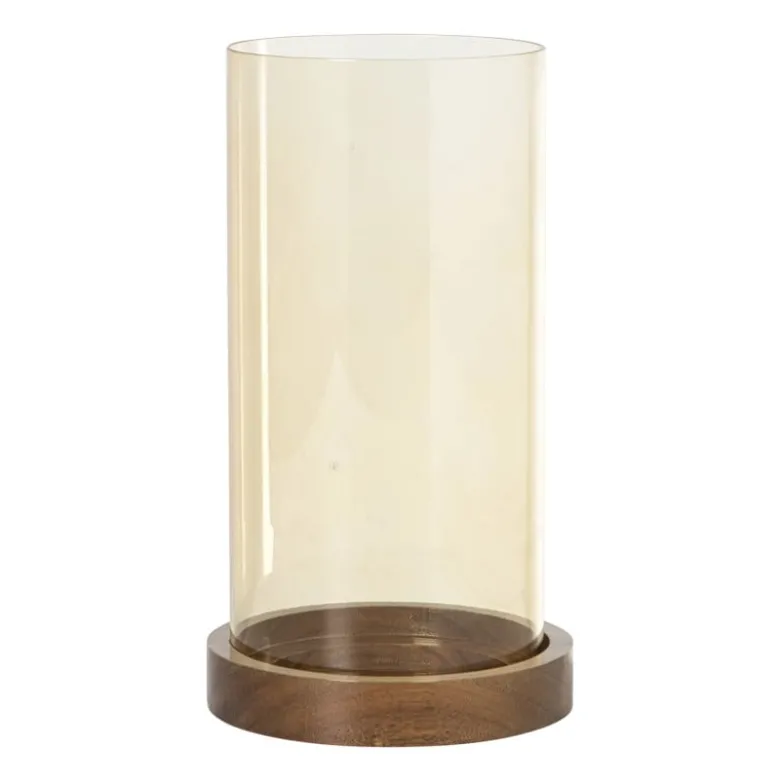 Windlicht glas en hout groot - beige/bruin - ø12x25 cm