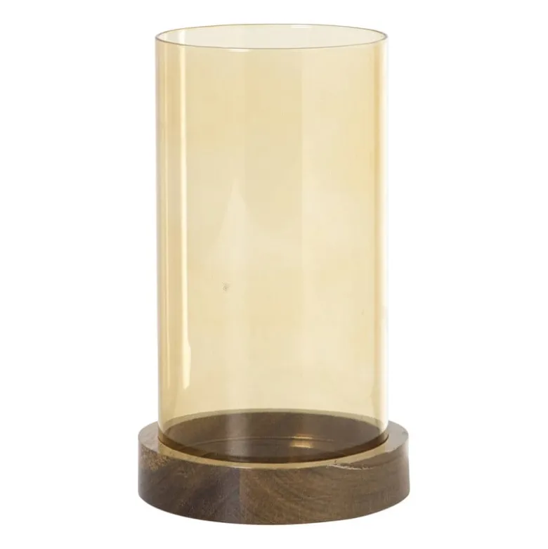 Windlicht glas en hout klein - beige/bruin - ø10x20 cm