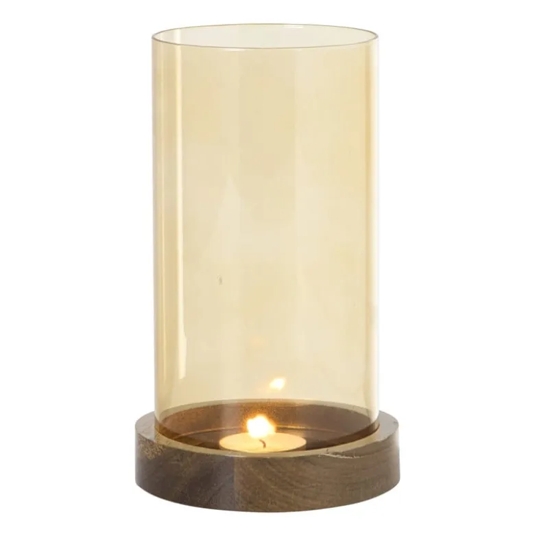 Windlicht glas en hout klein - beige/bruin - ø10x20 cm